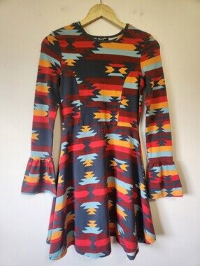 Wrangler Retro Southwestern Geometric Print Bell Sleeve Dress Size XS Aztec 70s